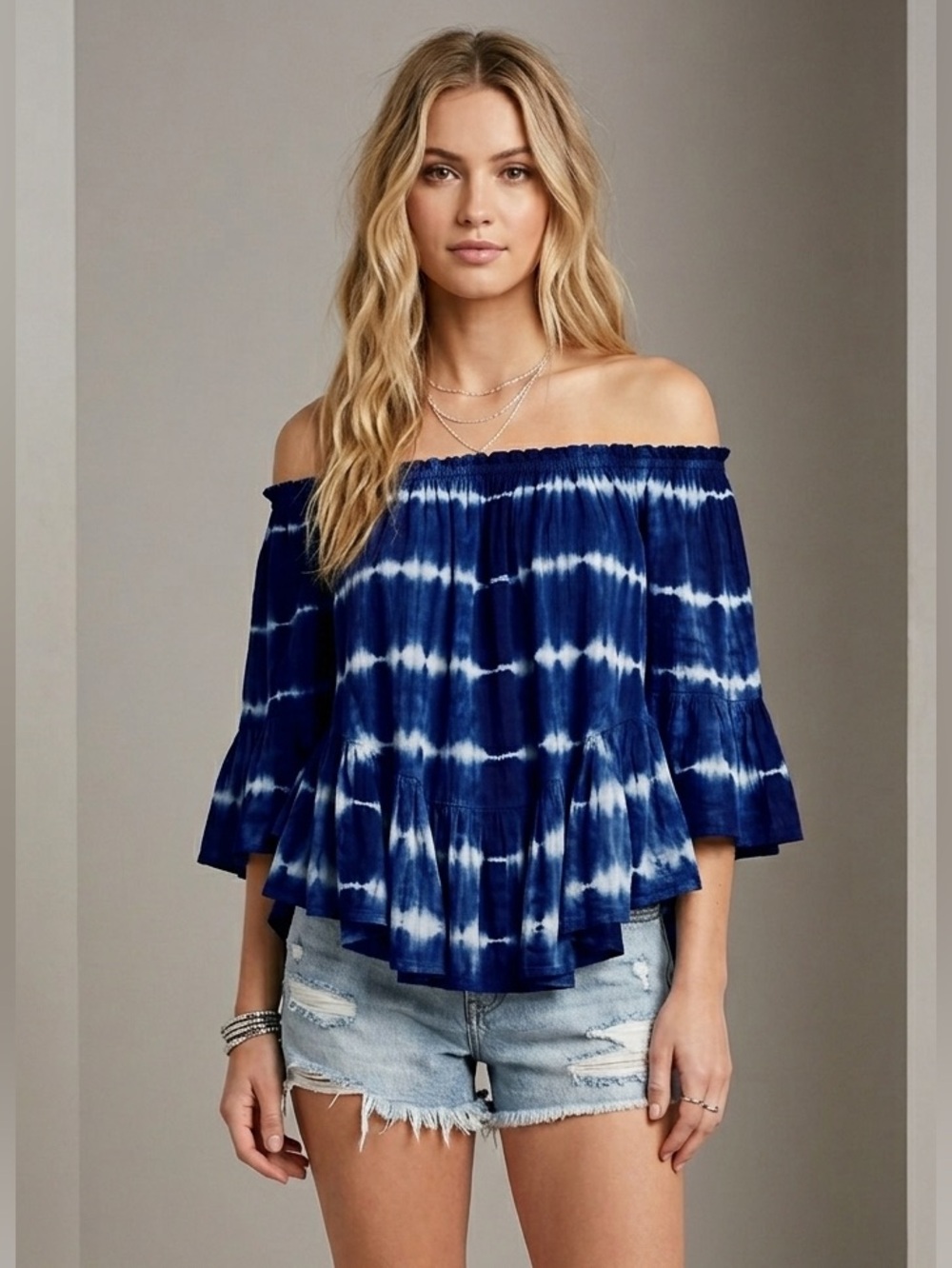 Elan Blue Bell Sleeve Tie Dye Boho Beach/Swim Cover Off Shoulder Top One Size